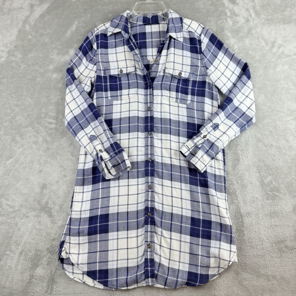 American Eagle Shirt Dress Womens XS Navy Blue White Plaid Flannel‎ Button Front